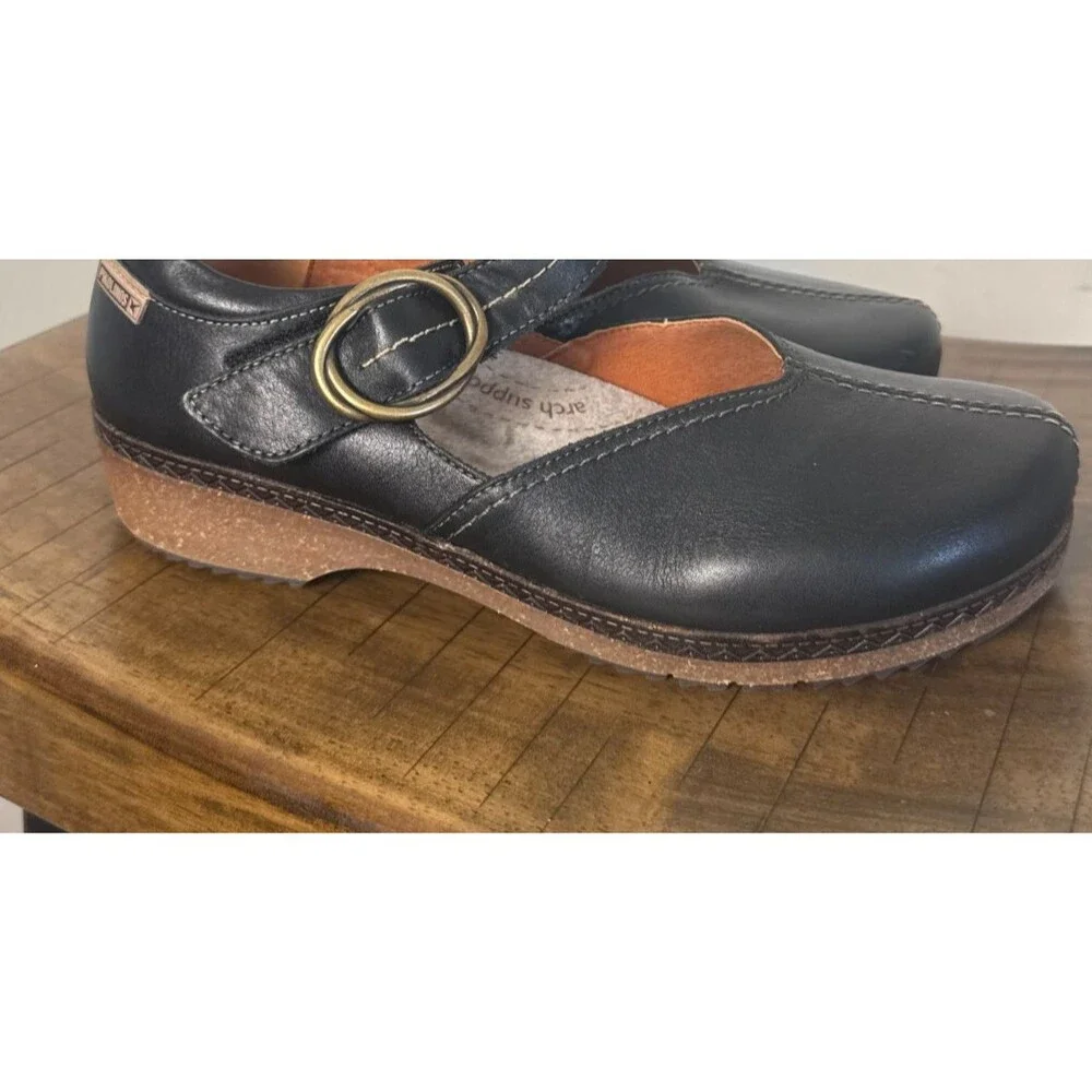 Pikolinos Black Leather Mary Jane Shoes Women 10 Comfort Wedge Arch Support
